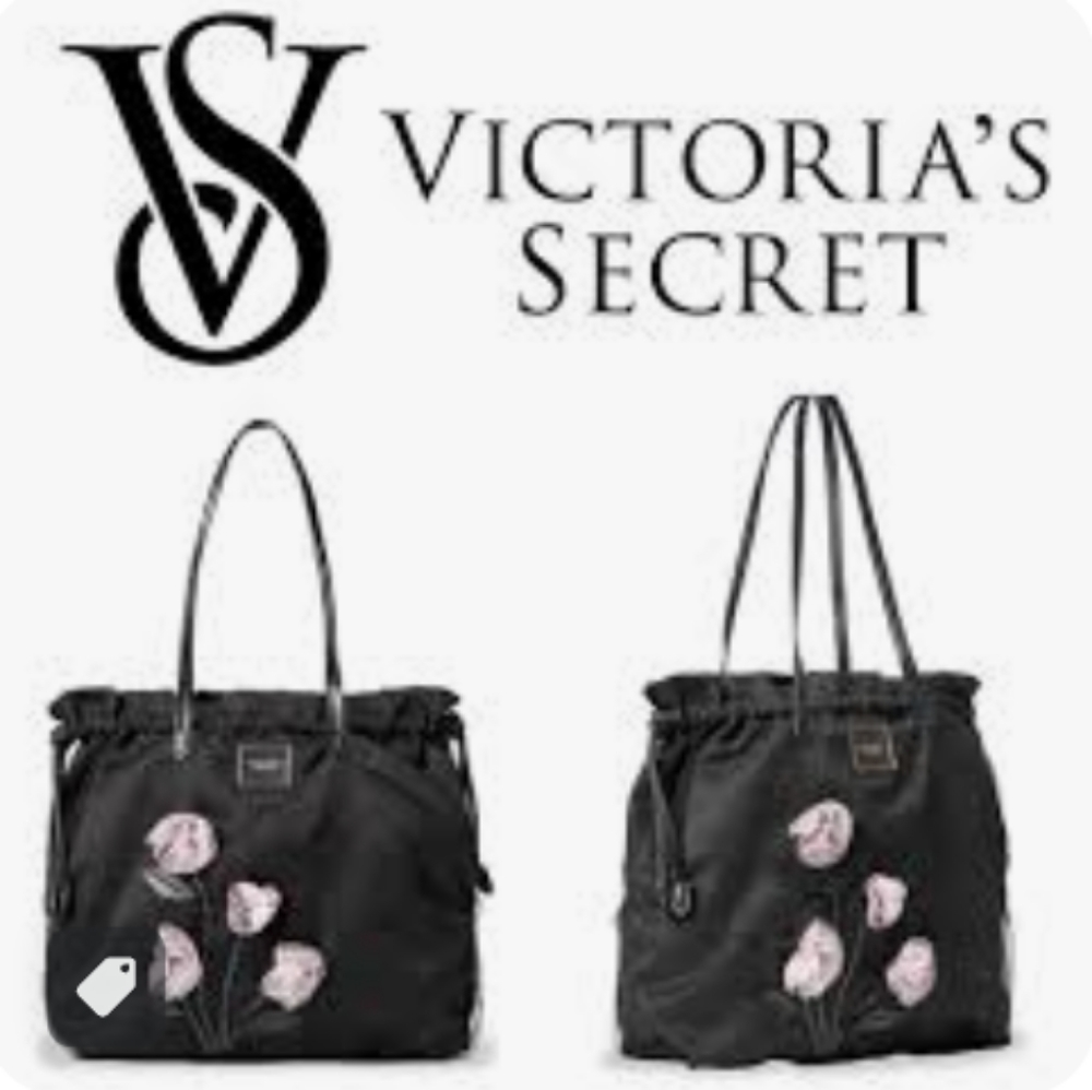 Victoria secret Tease! Black tote bag with pink Gardena flowers.